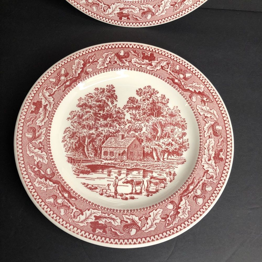 2 Vintage Royal Ironstone Memory Lane Red 10” Round Dinner Plates 1965 in EUC - Picture 6 of 9
